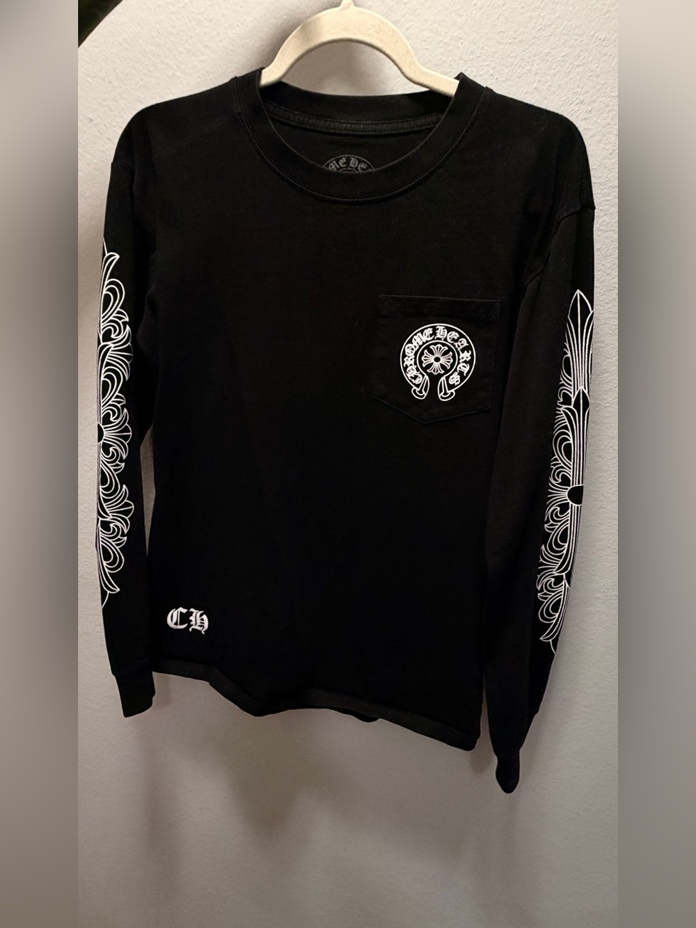 Chrome Hearts Black Long Sleeve Tee with White Sleeve and Pocket Graphics